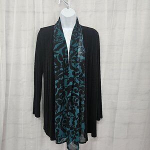 Vintage Chico's Cardigan Jacket Black Green Liquid Knit Open Floral Office M
